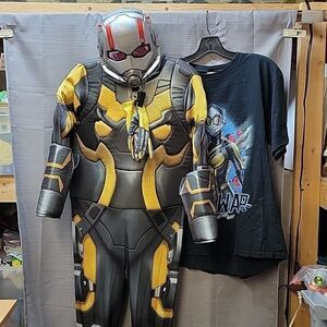 The Wasp/Antman costume, mask, gloves and tshirt. Child's Large 12-14